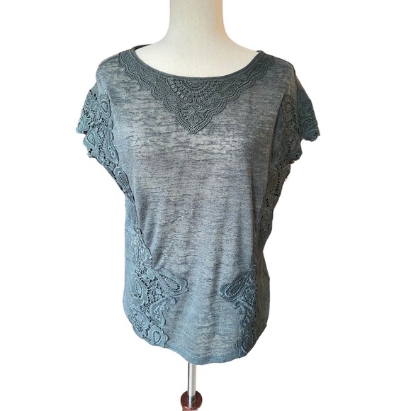 Forest Green Lace Knit Top Anthropologie 9-H15 STCL Cotton Blend Romantic XS - Picture 1 of 5